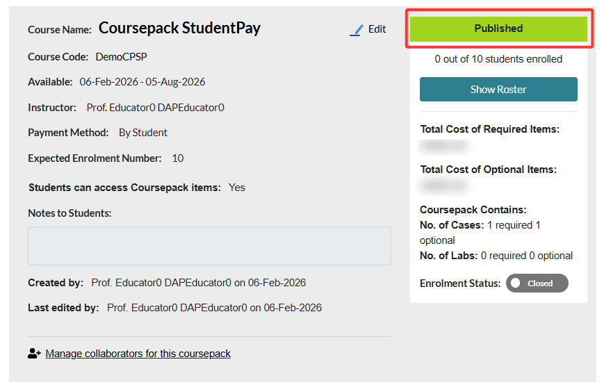 the coursepack is published directly